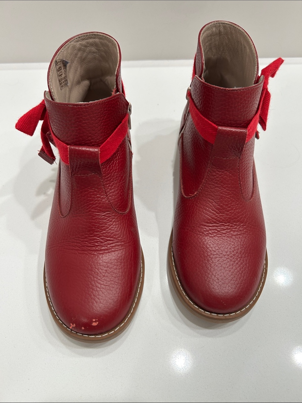 Elephantito Red Leather Ankle Boots with Bow Accent